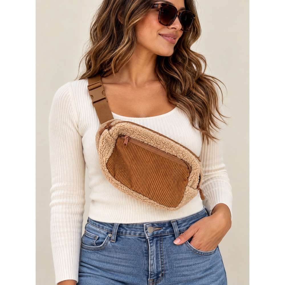 Sherpa Corduroy Belt Bag Tan Beige Fanny Pack Crossbody Waist Bag Adjustable